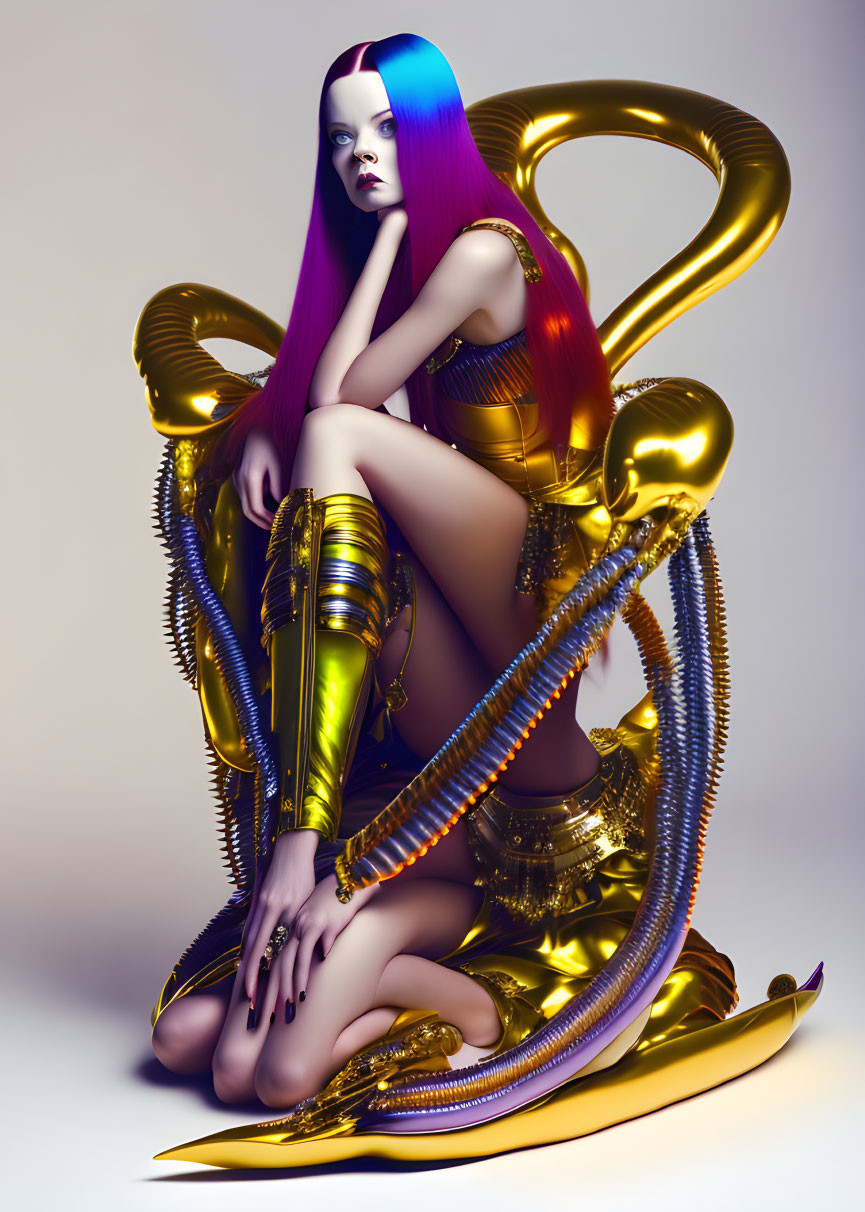 Futuristic woman with purple and red hair surrounded by metallic tentacles in golden outfit