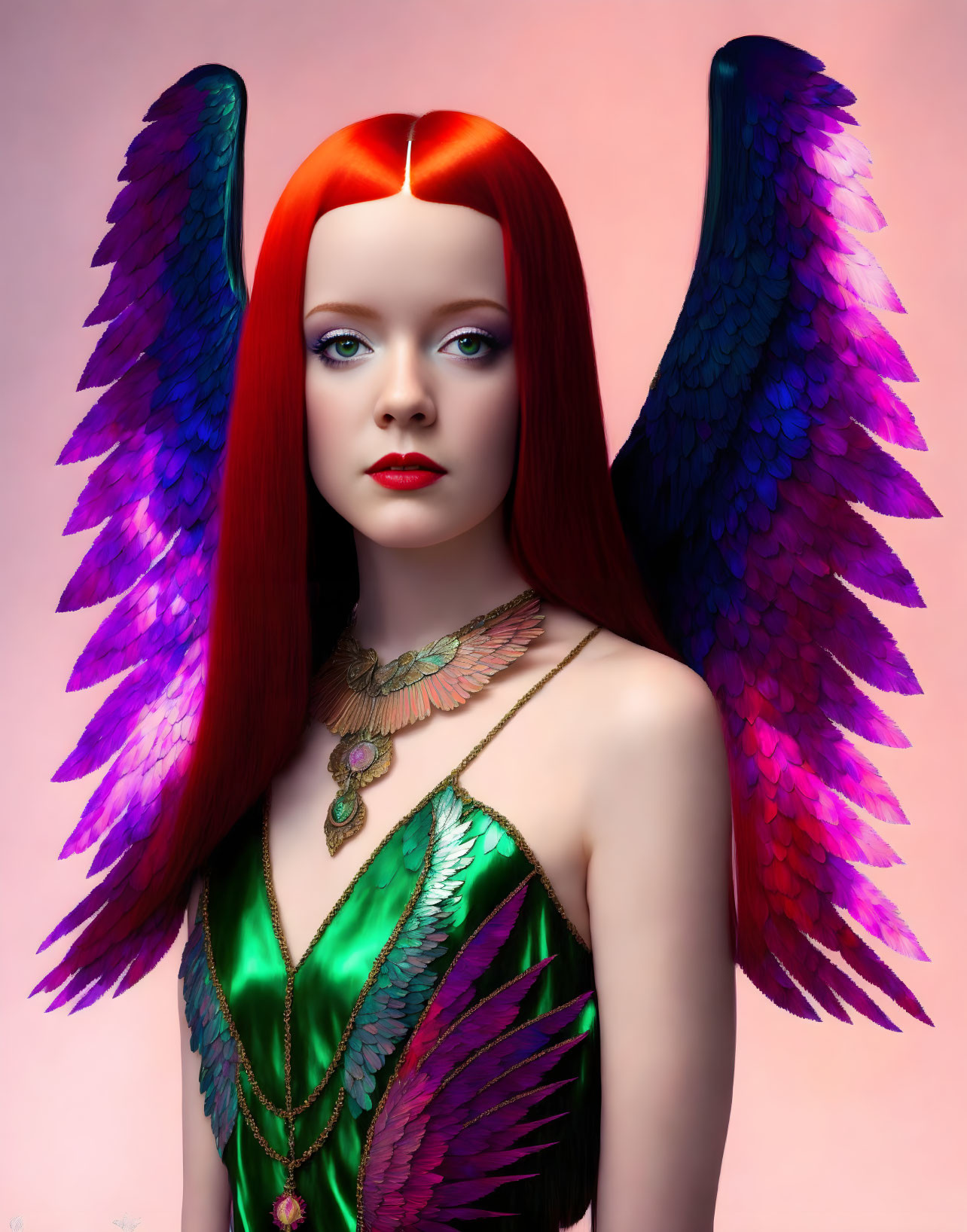 Vibrant red-haired woman with iridescent wings in shiny green dress on pink background