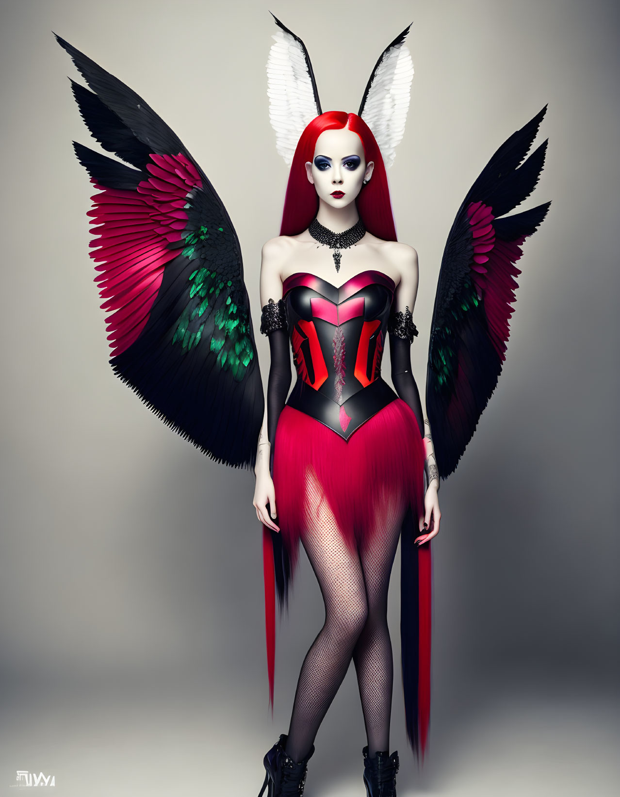 Stylized female figure with iridescent wings and red attire
