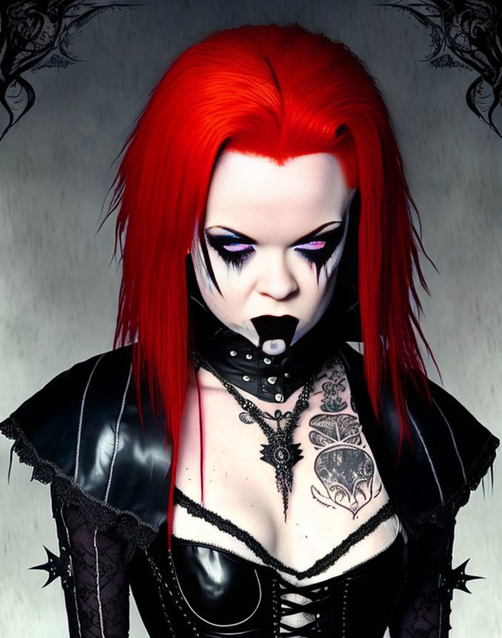 Vibrant red hair, purple eye makeup, black lipstick, gothic attire, and chest tattoo