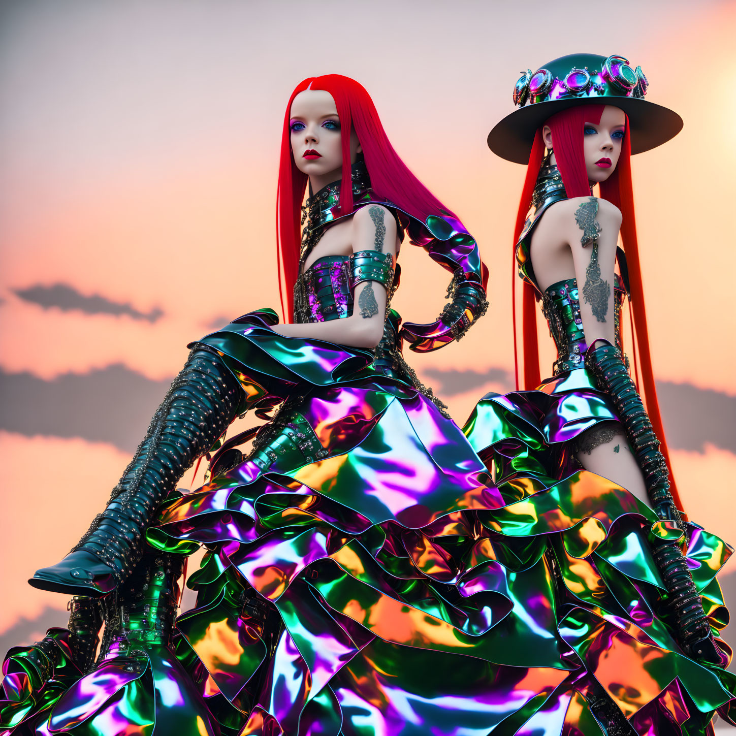 Stylized red-haired female figures in avant-garde outfits at sunset