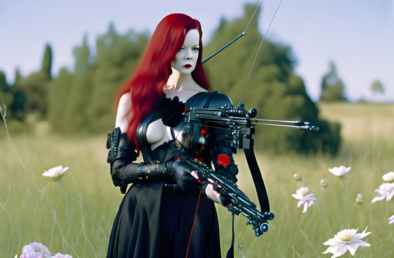 Red-haired woman in gothic attire with bow in flower field