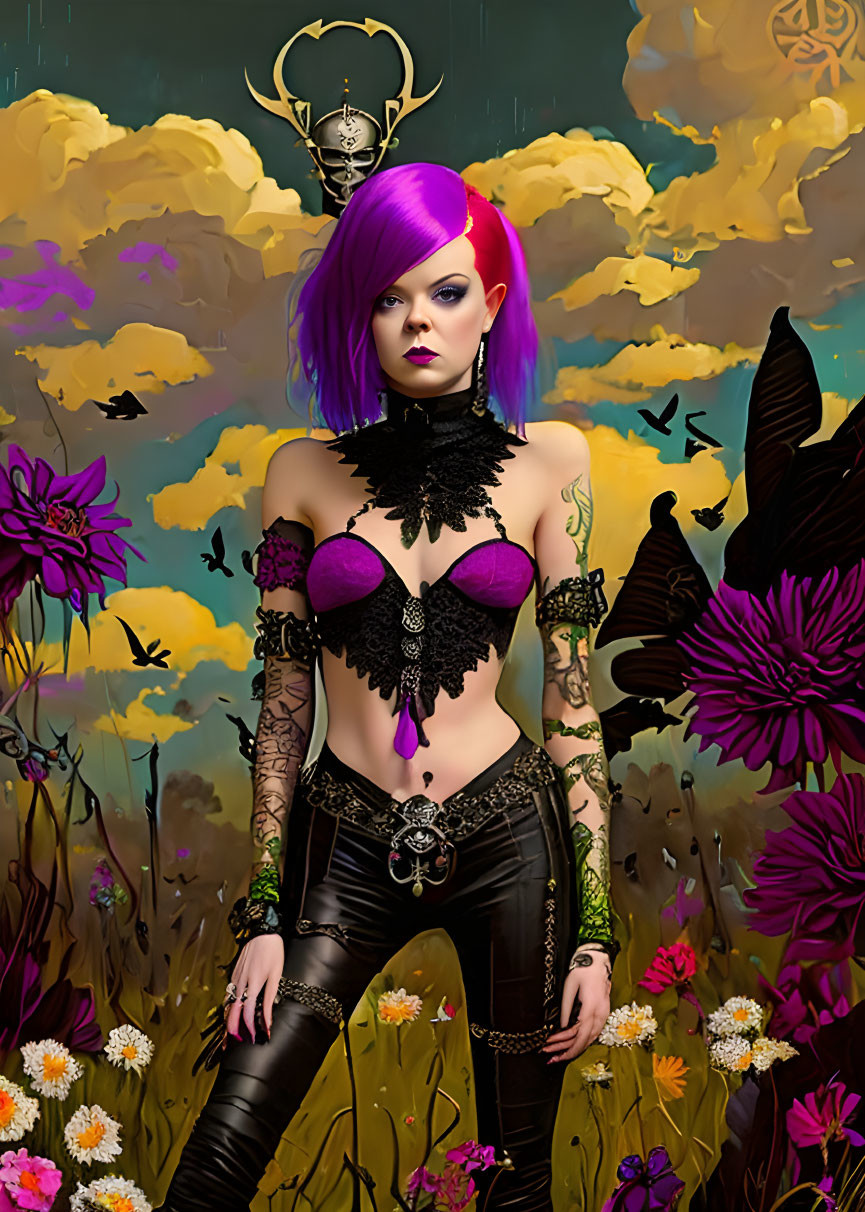 Purple-haired woman with crown motif, black outfit, surrounded by flowers and butterflies.