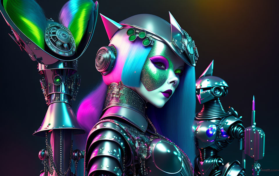 Futuristic female with purple hair and green skin in metallic armor with horn-like decorations, flanked