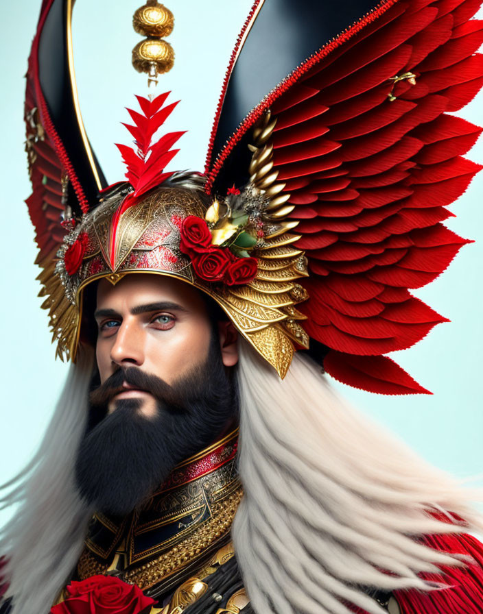 Regal man with beard in golden helmet with feathers and roses