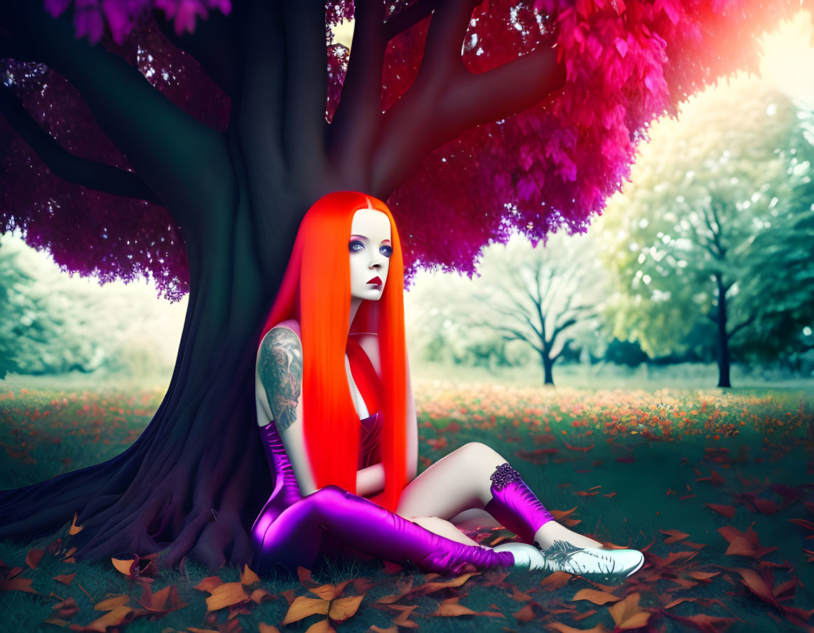 Vibrant red-haired woman with tattooed arm in surreal landscape