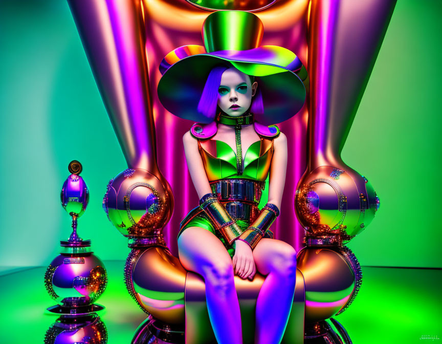 Colorful portrait with large hat, reflective spheres, green and purple background