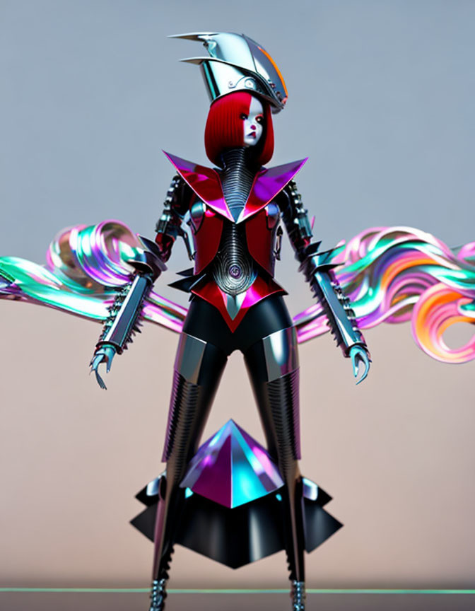 Futuristic robot with red bob hairstyle and sleek armor