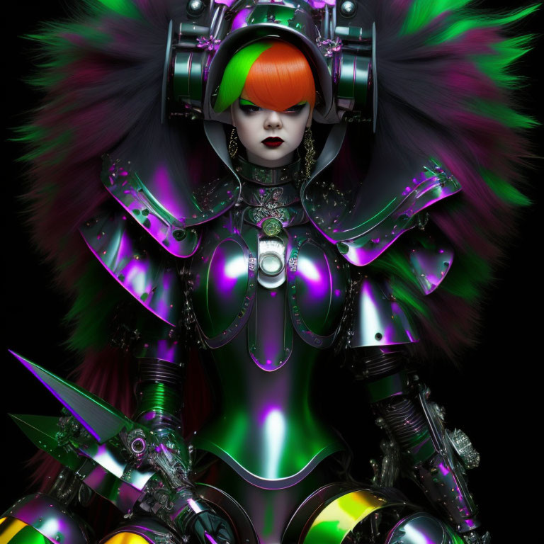 Futuristic female character with orange hair and silver armor
