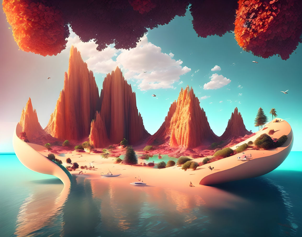 Surreal landscape with towering rock formations on beach