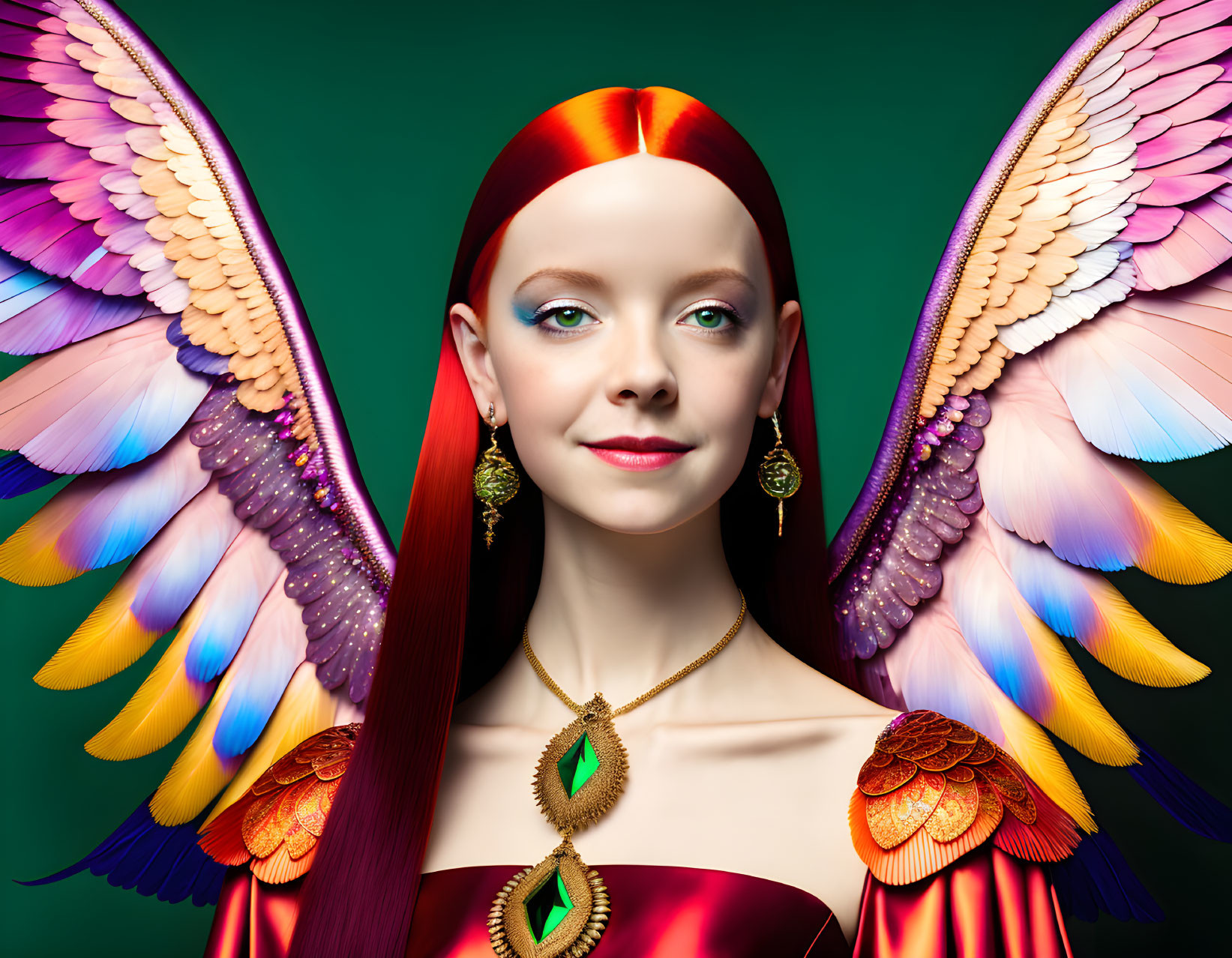 Red-haired woman with serene expression and majestic wings against green background.