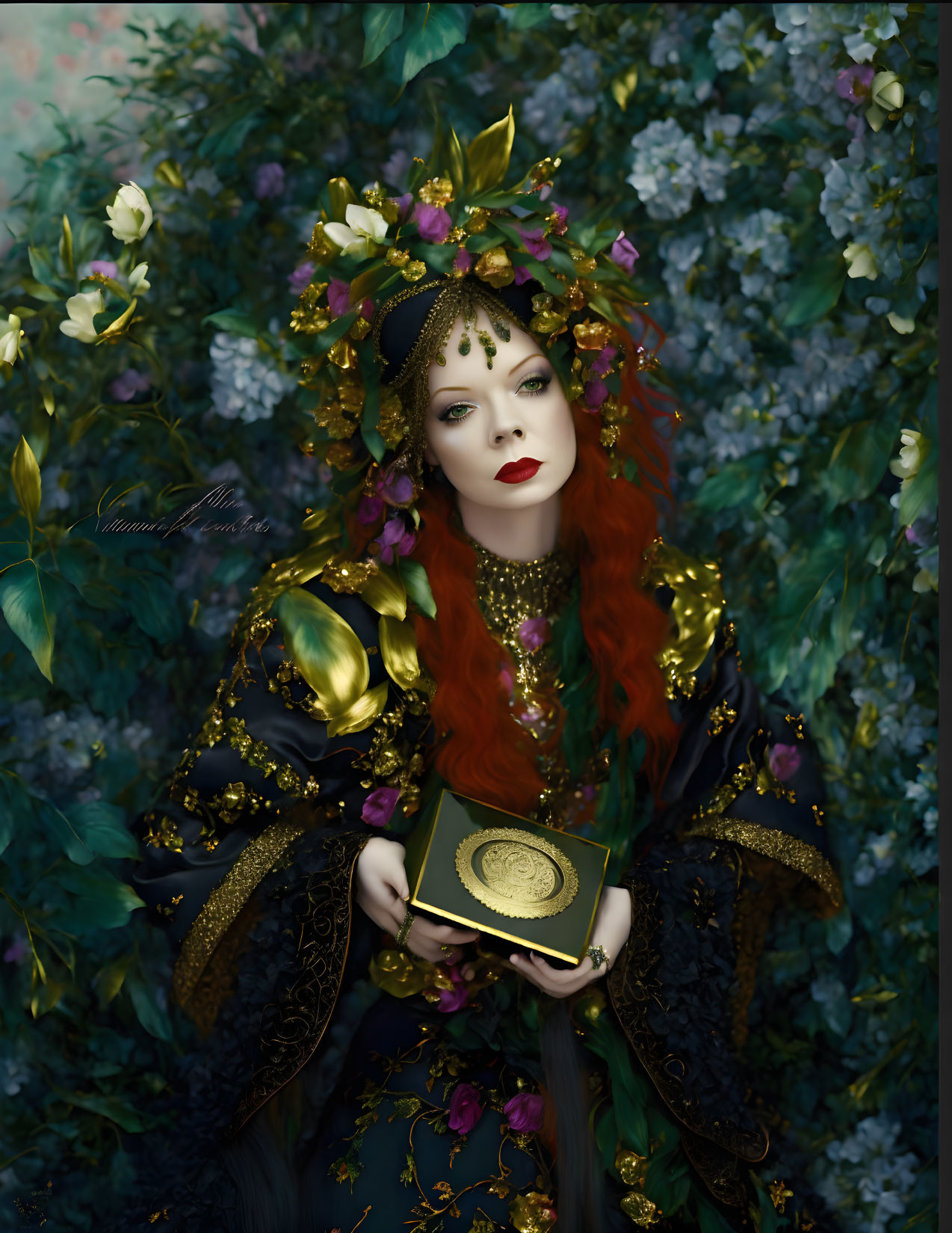 Vibrant red-haired woman with golden floral crown in mystical floral setting