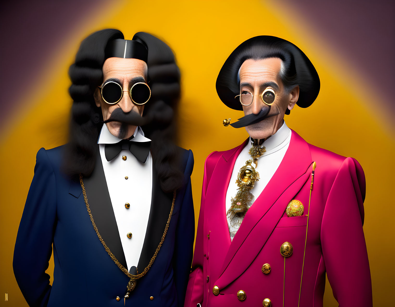 Whimsical characters with Salvador Dali mustaches in blue and pink suits with round sunglasses on yellow