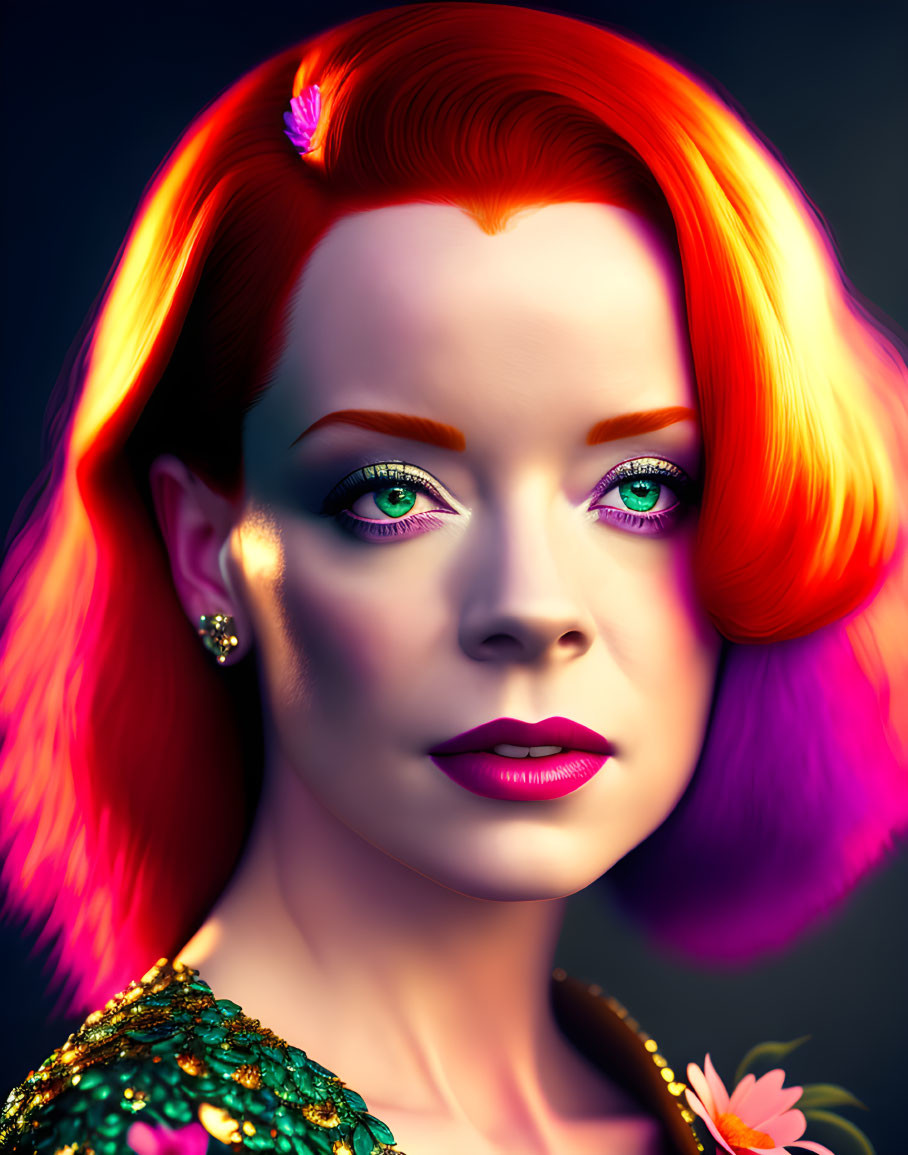 Vibrant digital portrait of a woman with red and purple hair, blue eyes, glossy lips,