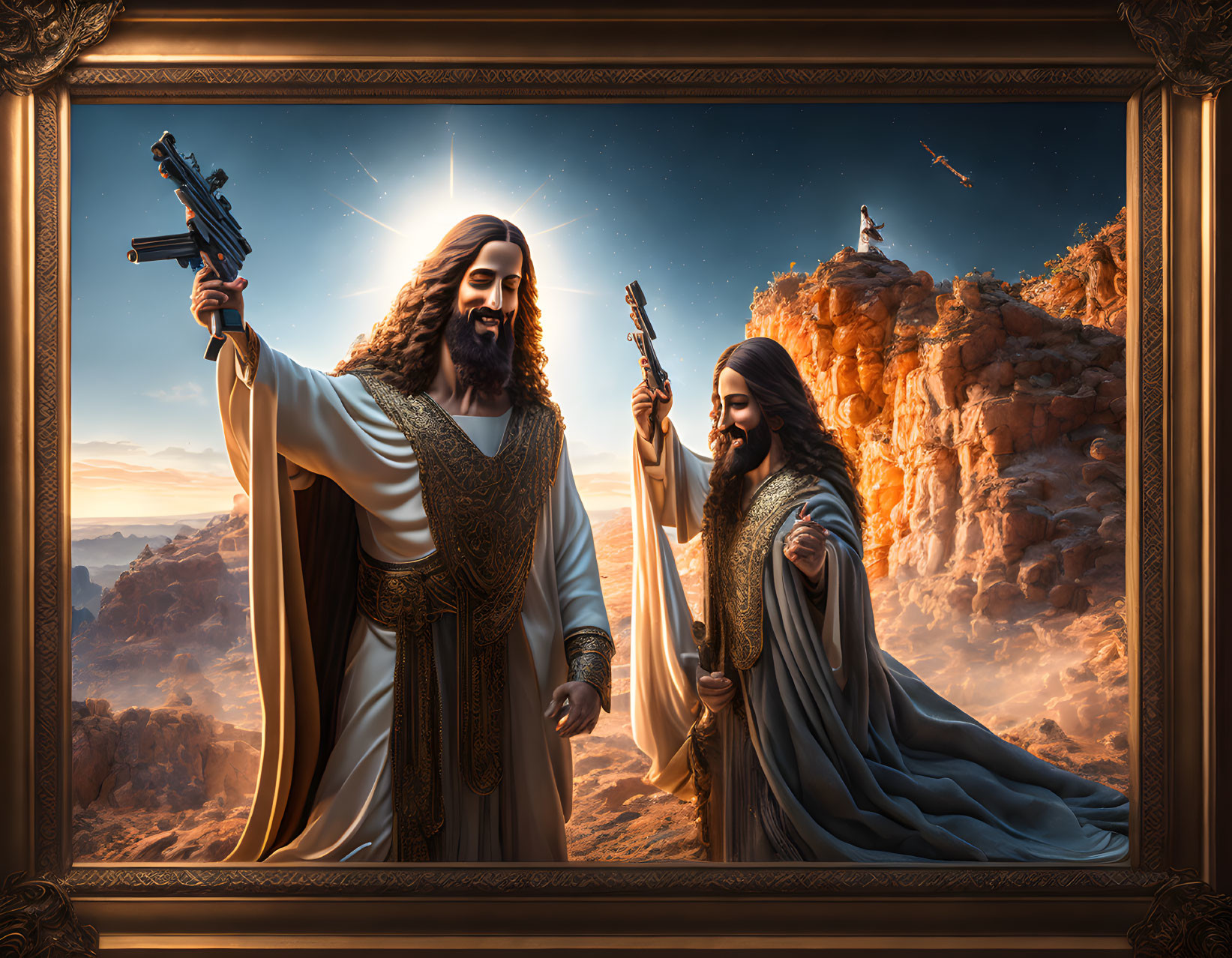 Historical and religious figures with guns in a desert painting