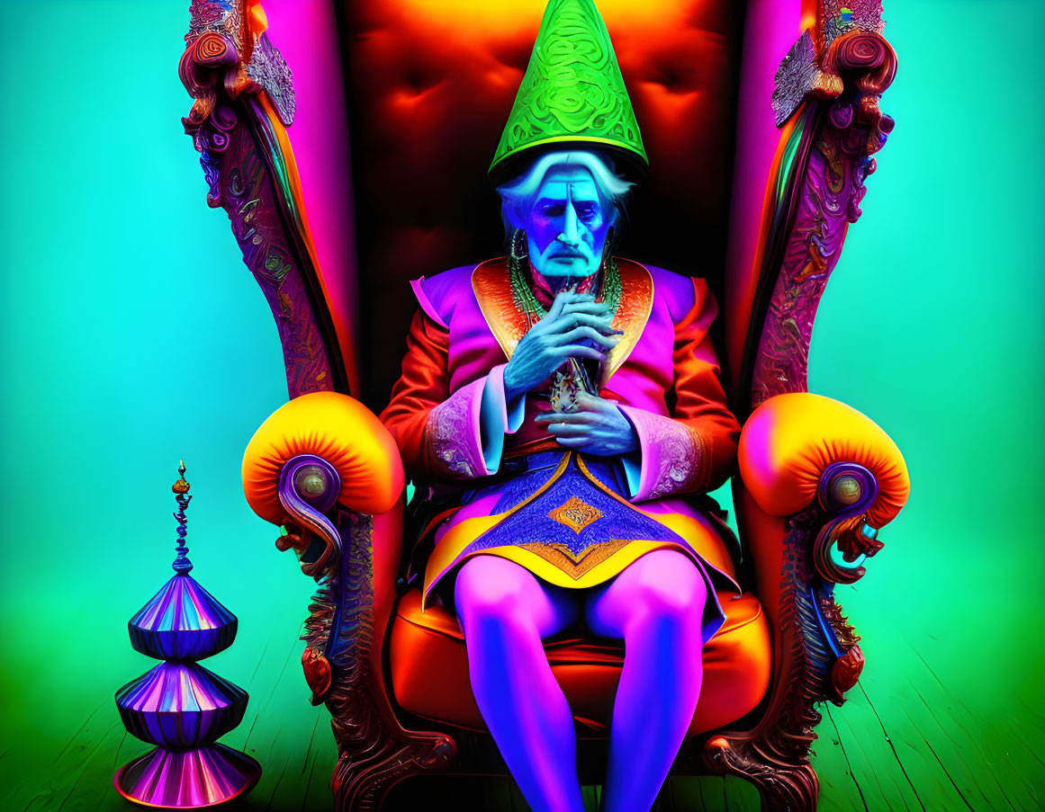 Colorful Artistic Depiction of Pensive Figure on Ornate Throne