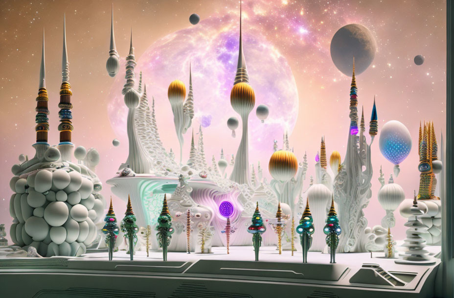 Futuristic cityscape with giant moons and surreal alien architecture