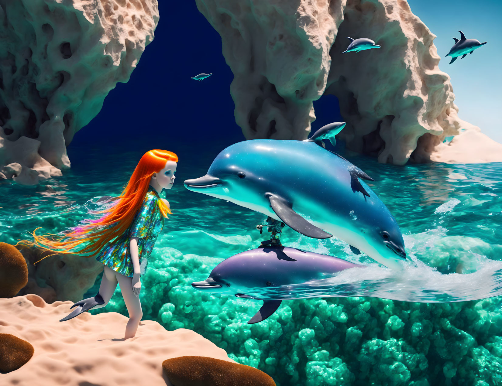 Red-headed girl underwater with fish, corals, and dolphins by rocky formations
