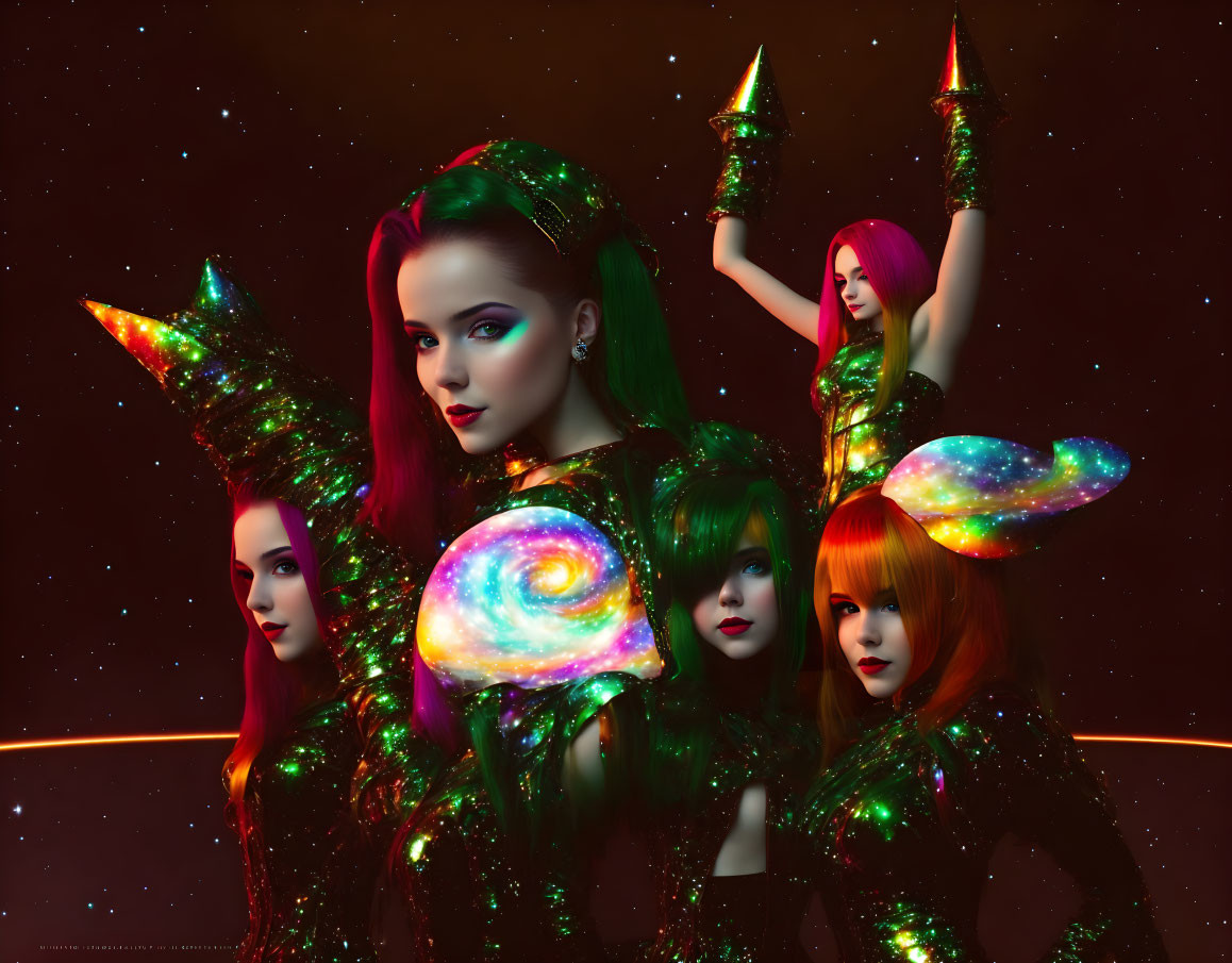 Models showcase vibrant space-themed body art and futuristic hairstyles against a cosmic backdrop
