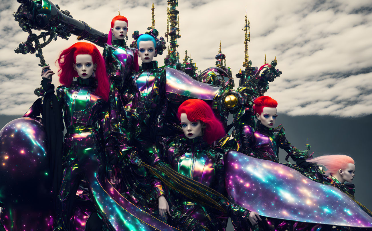 Futuristic female androids in cosmic attire with red and blue wigs pose against cloudy sky.