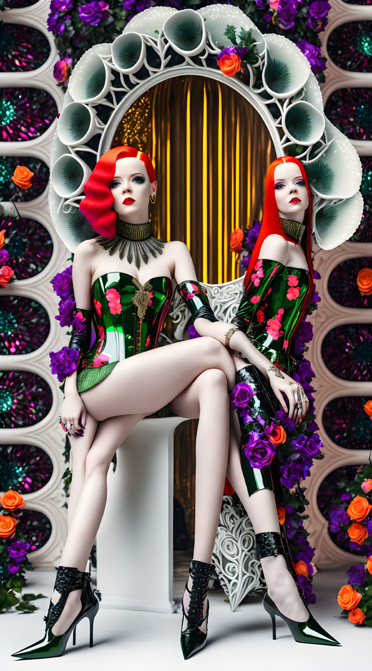 Identical 3D-rendered female figures in floral dresses with red hair on ornate circular background