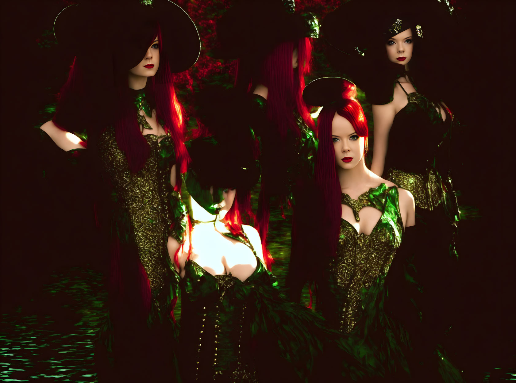 Four women in gothic attire with red hair in a dark forest.