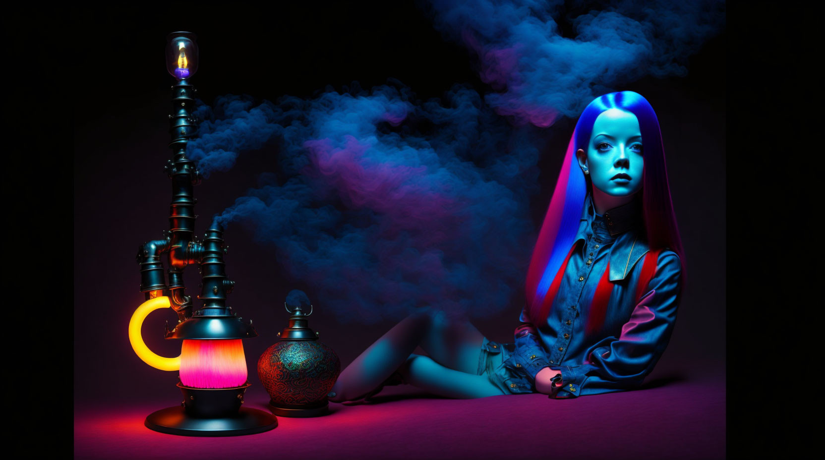 Blue-Haired Woman Sitting by Hookah Under Neon Lights