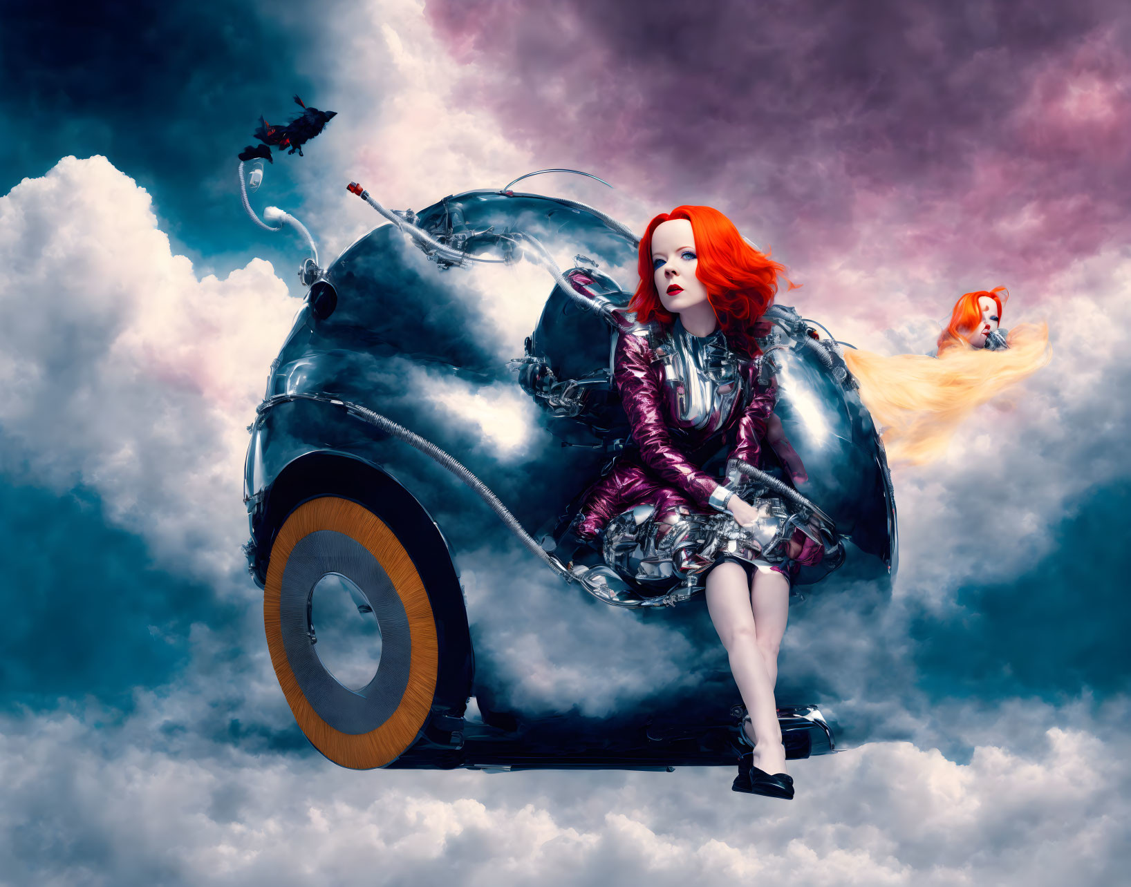 Red-haired woman in metallic outfit on futuristic motorcycle with fiery bird and dark sky.