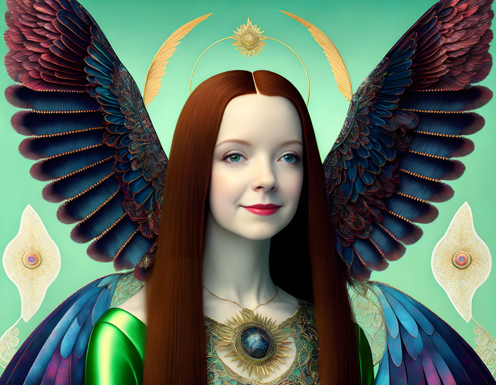 Detailed digital artwork: Woman with intricate wings and halo