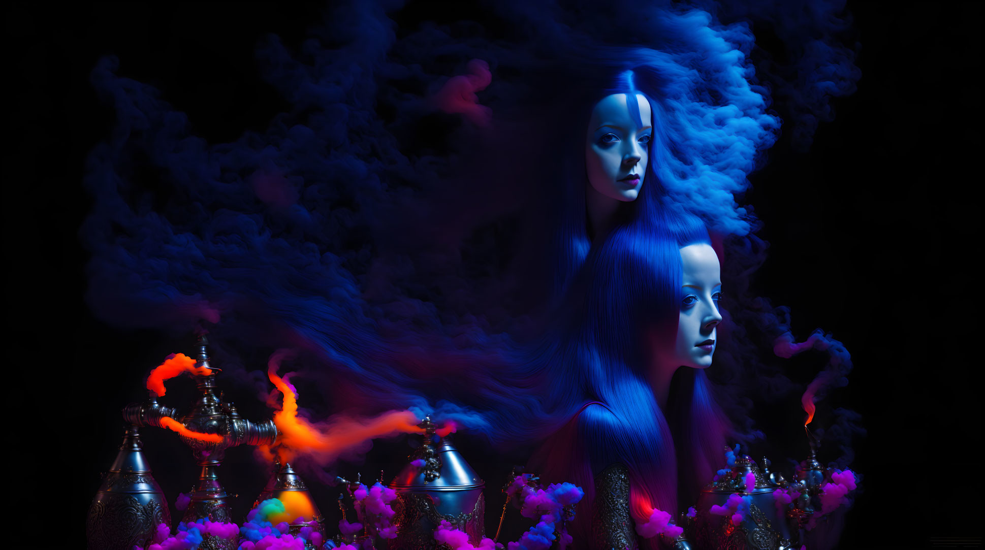 Surreal female figures with blue hair in colorful smoke and vases on black background