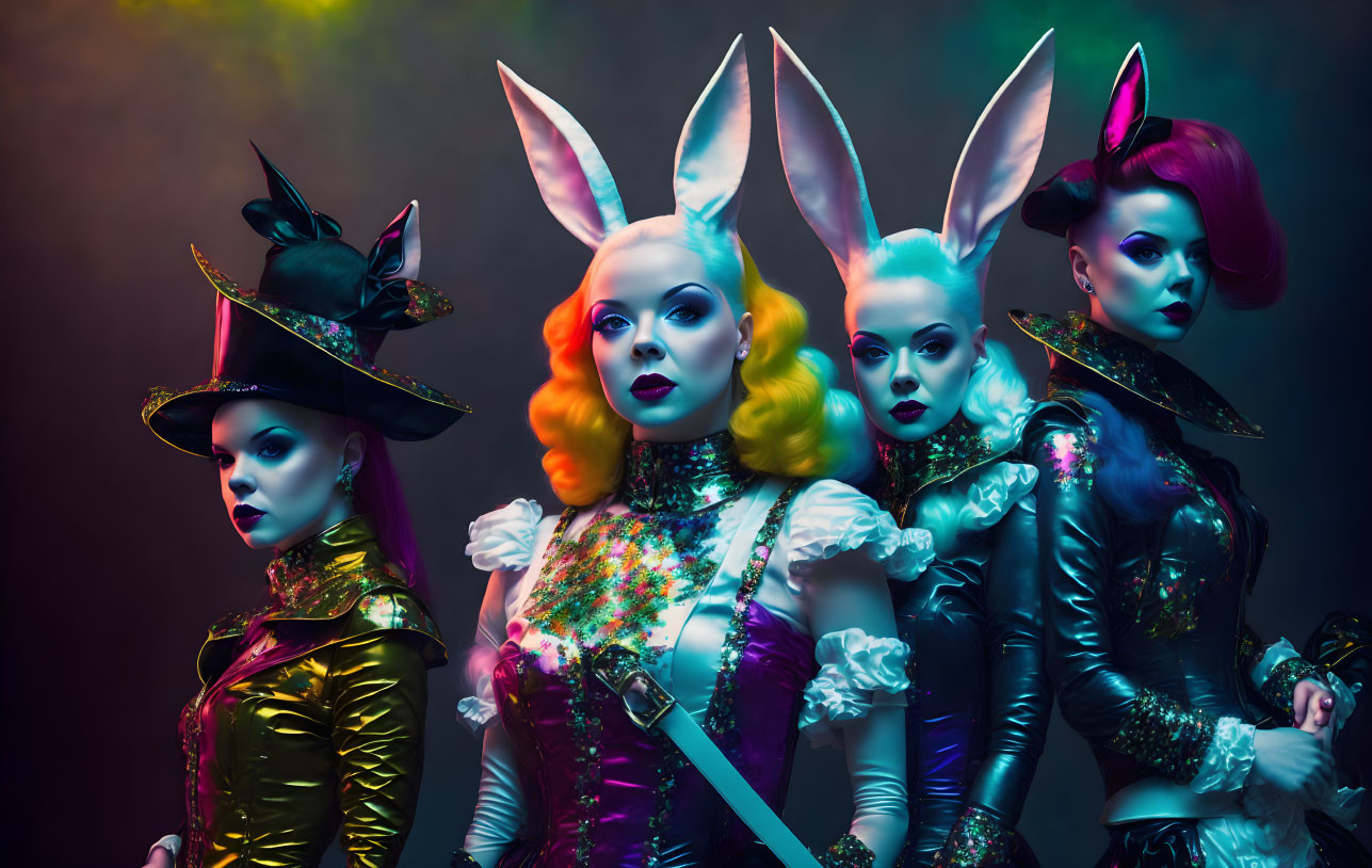 Four women in rabbit-themed costumes with top hats and sequins on multicolored backdrop