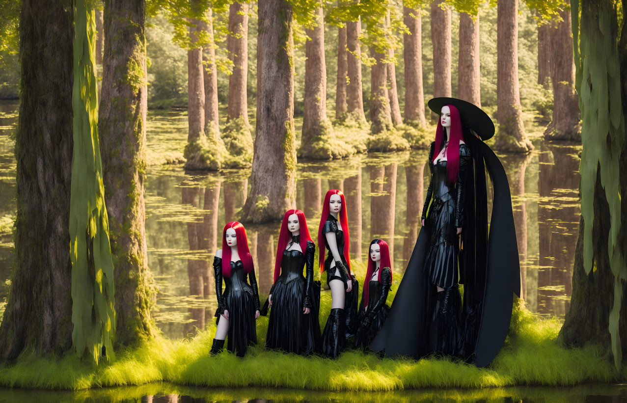 Five Figures in Red Hair and Gothic Attire by Swamp Trees