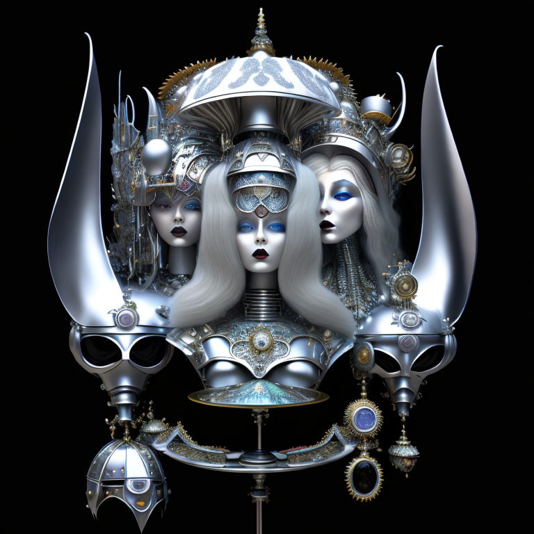 Symmetrical digital artwork: Silver robotic faces in ornate structure on black background