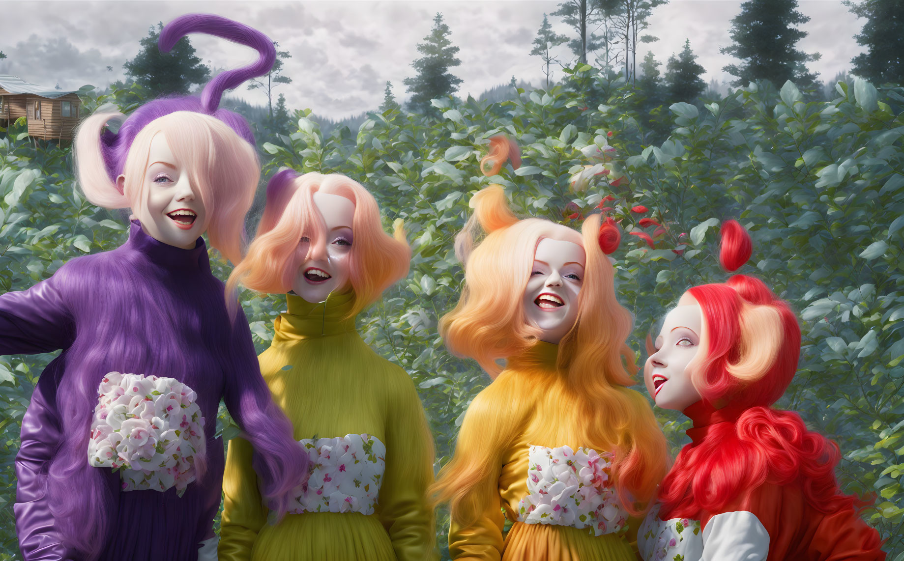 Colorful Flower-Themed Characters Laughing in Lush Garden