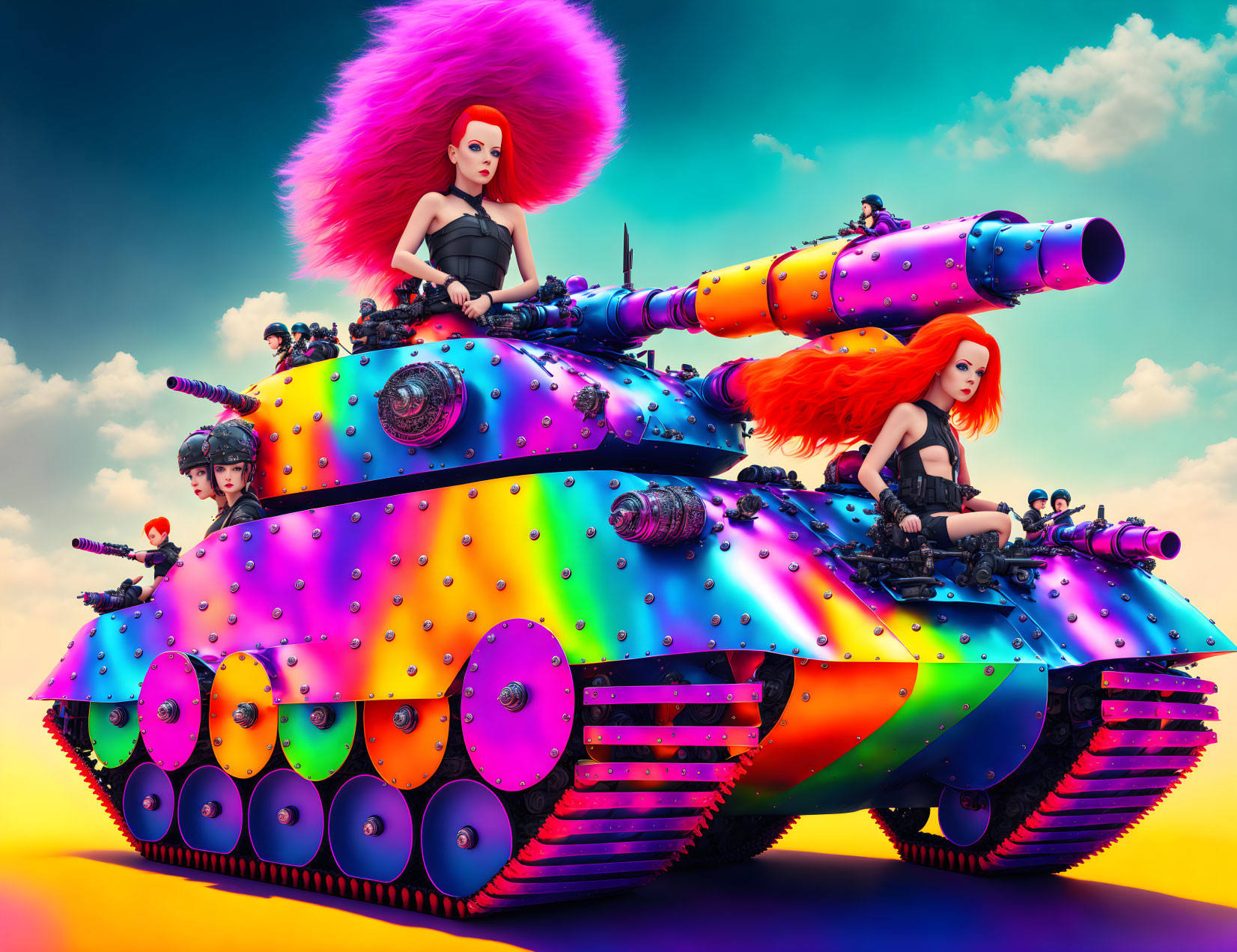 Colorful illustration: Two women with red hair on psychedelic tank under gradient sky