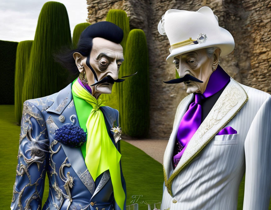 Stylized dapper gentlemen with sharp mustaches in blue and white suits in a manicured garden
