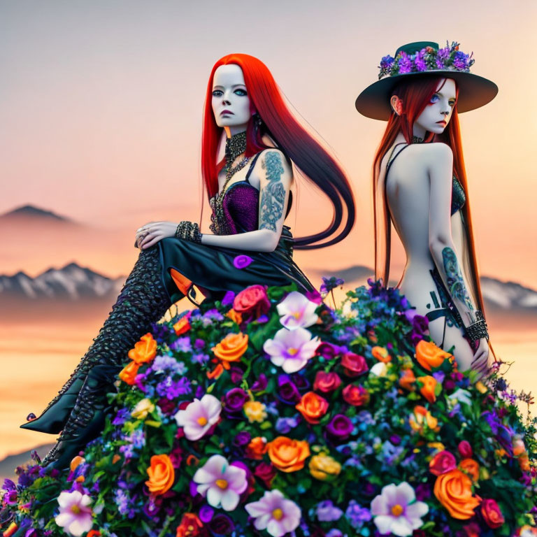 Stylized red-haired women with tattoos on vibrant floral backdrop