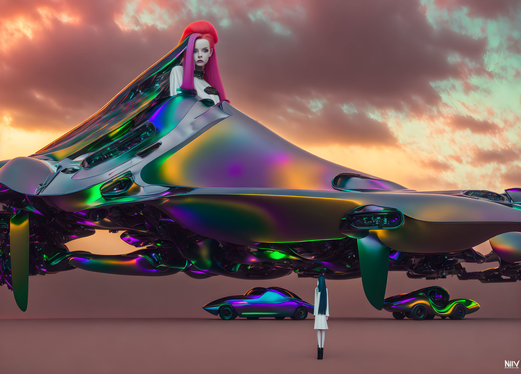 Futuristic iridescent vehicle with female figure hovering in warm sky