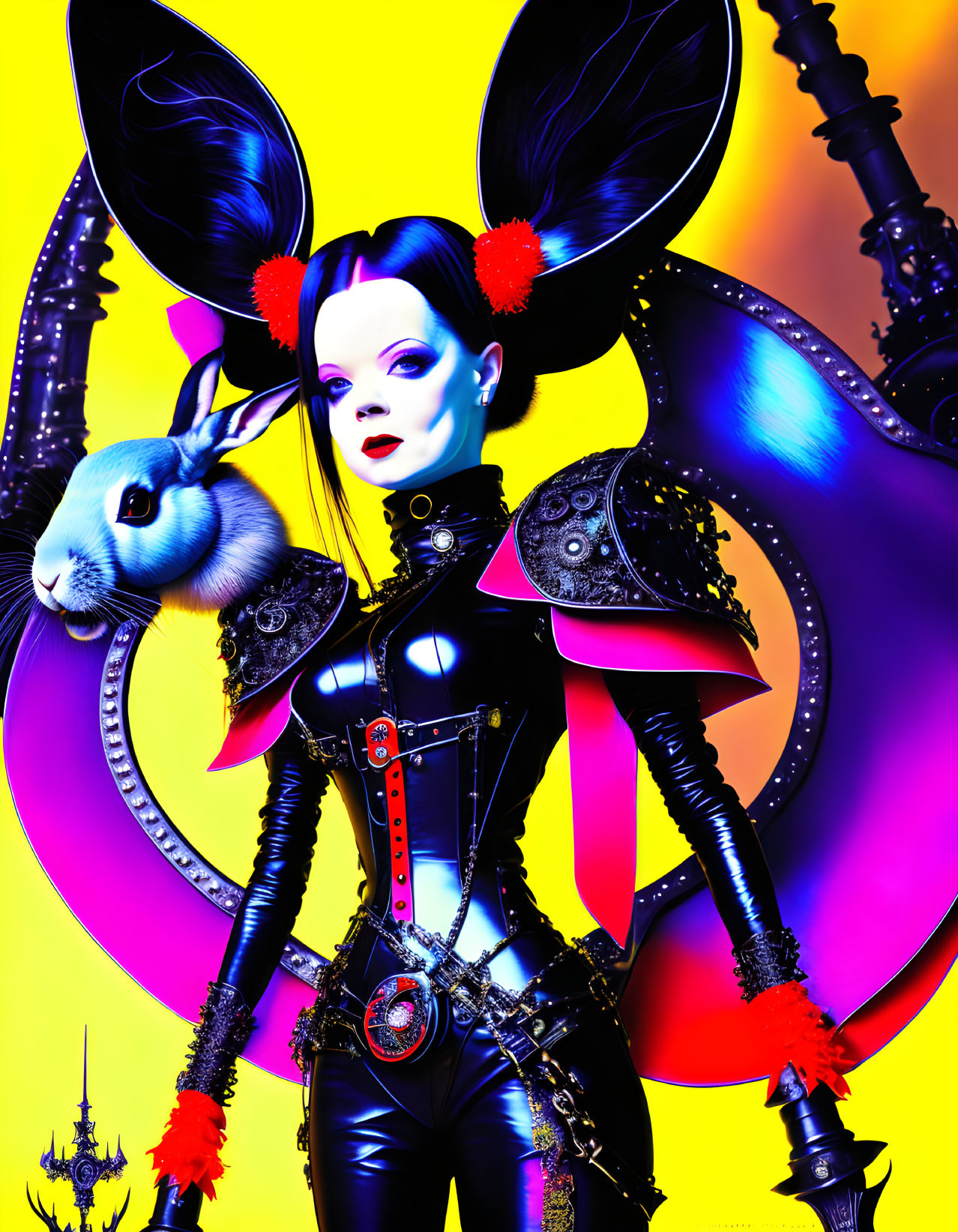 Stylized woman in black bodysuit with bunny ears and white rabbit on yellow backdrop