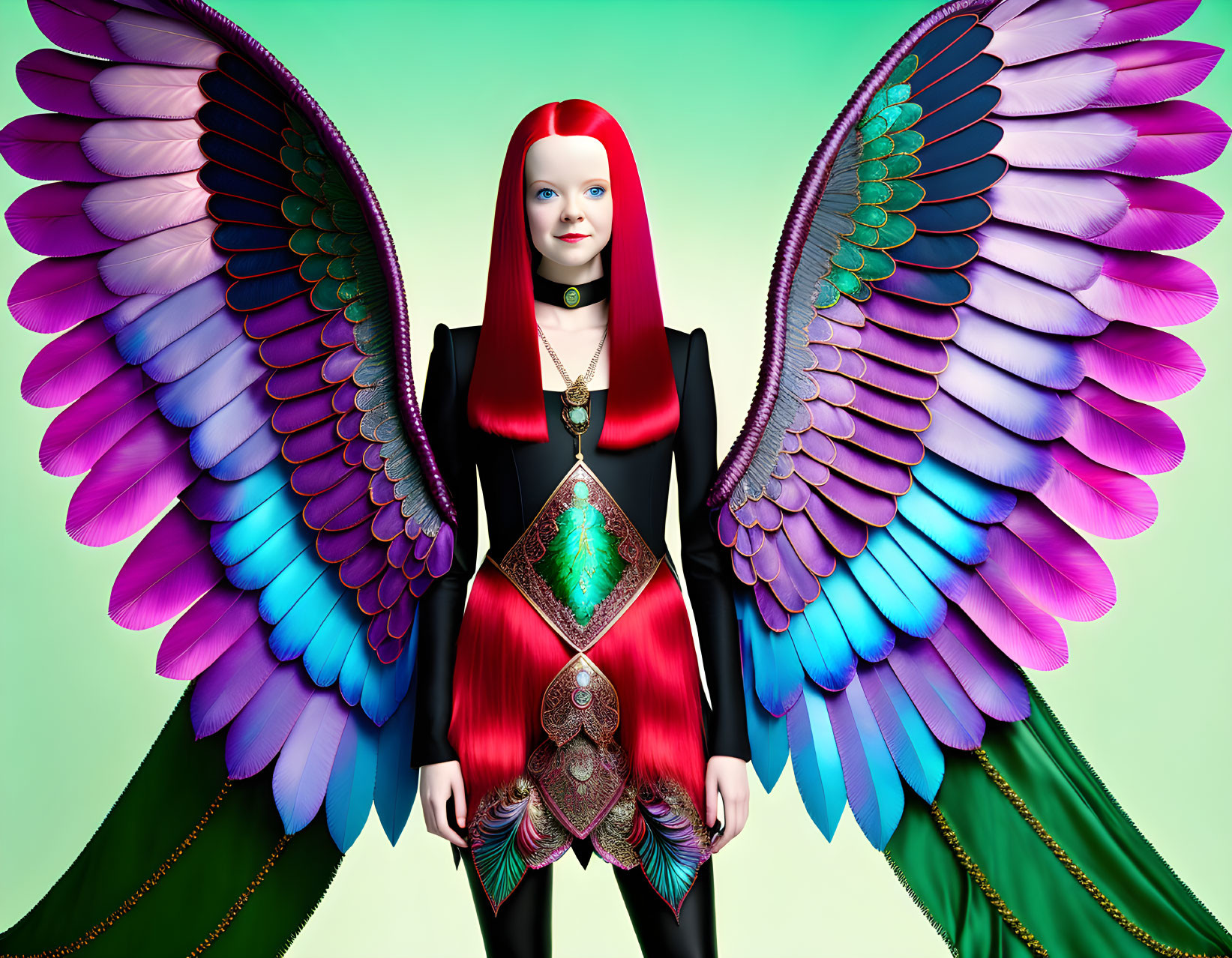 Digital Artwork: Woman with Multicolored Wings and Red Hair