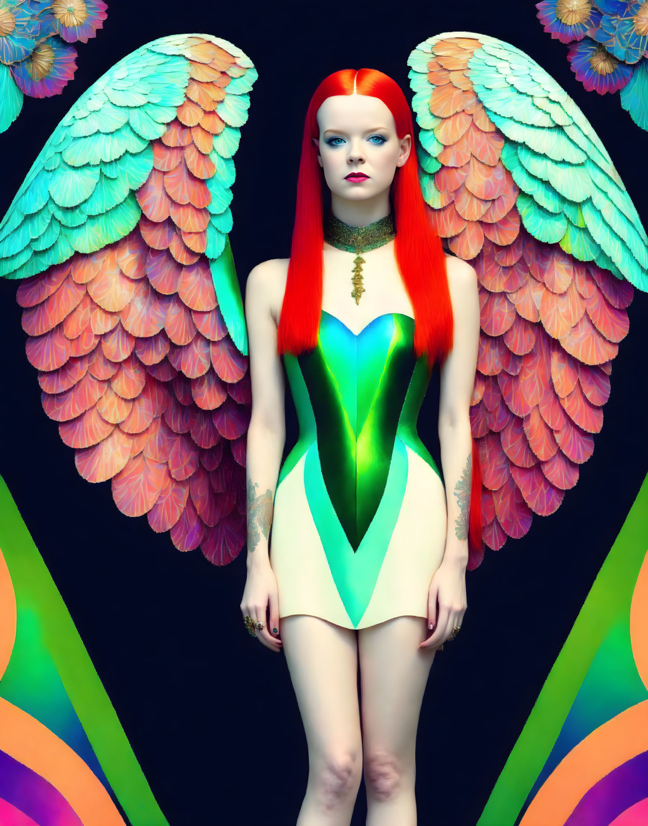 Red-haired woman with multicolored wings in vibrant bodysuit against dark backdrop