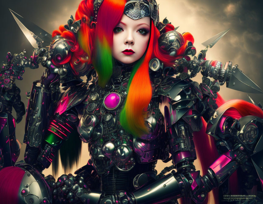 Colorful female character with futuristic armor and glowing gem