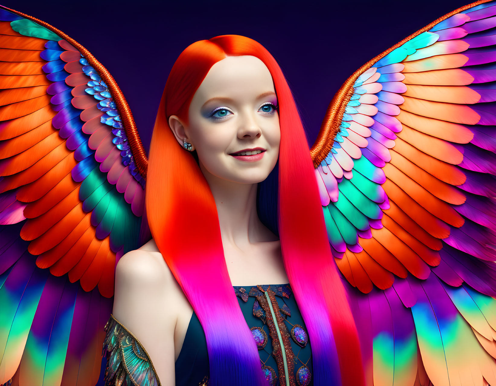 Colorful Digital Artwork: Person with Orange and Pink Hair, Detailed Wings, Purple Background