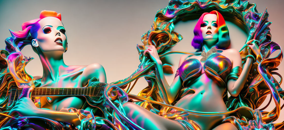 Iridescent humanoid figures with guitar in futuristic setting