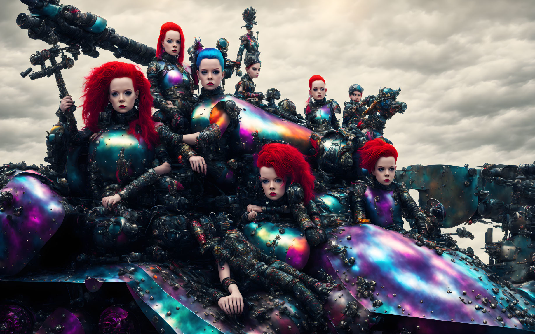 Futuristic red-haired dolls on metallic debris under cloudy sky