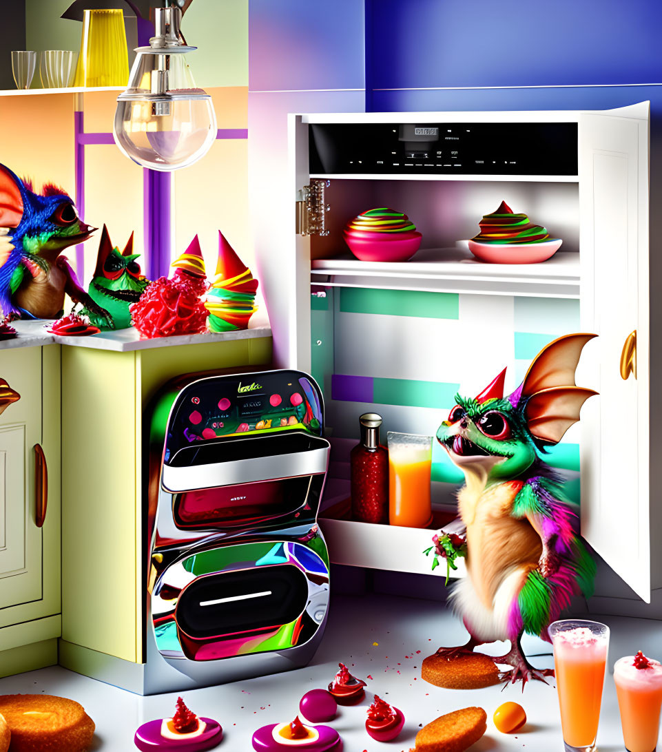 Vibrant kitchen illustration with dragon-like creatures interacting.