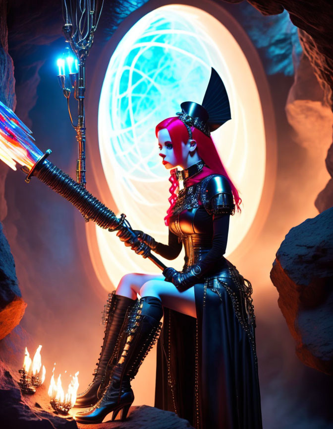 Red-haired futuristic warrior woman in cyberpunk attire in cave with glowing portal and candles.