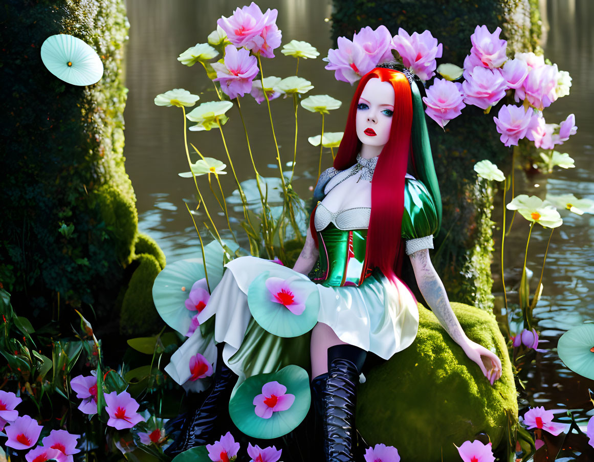 Stylized figure with red and black hair in corset and skirt among pink lotus flowers.