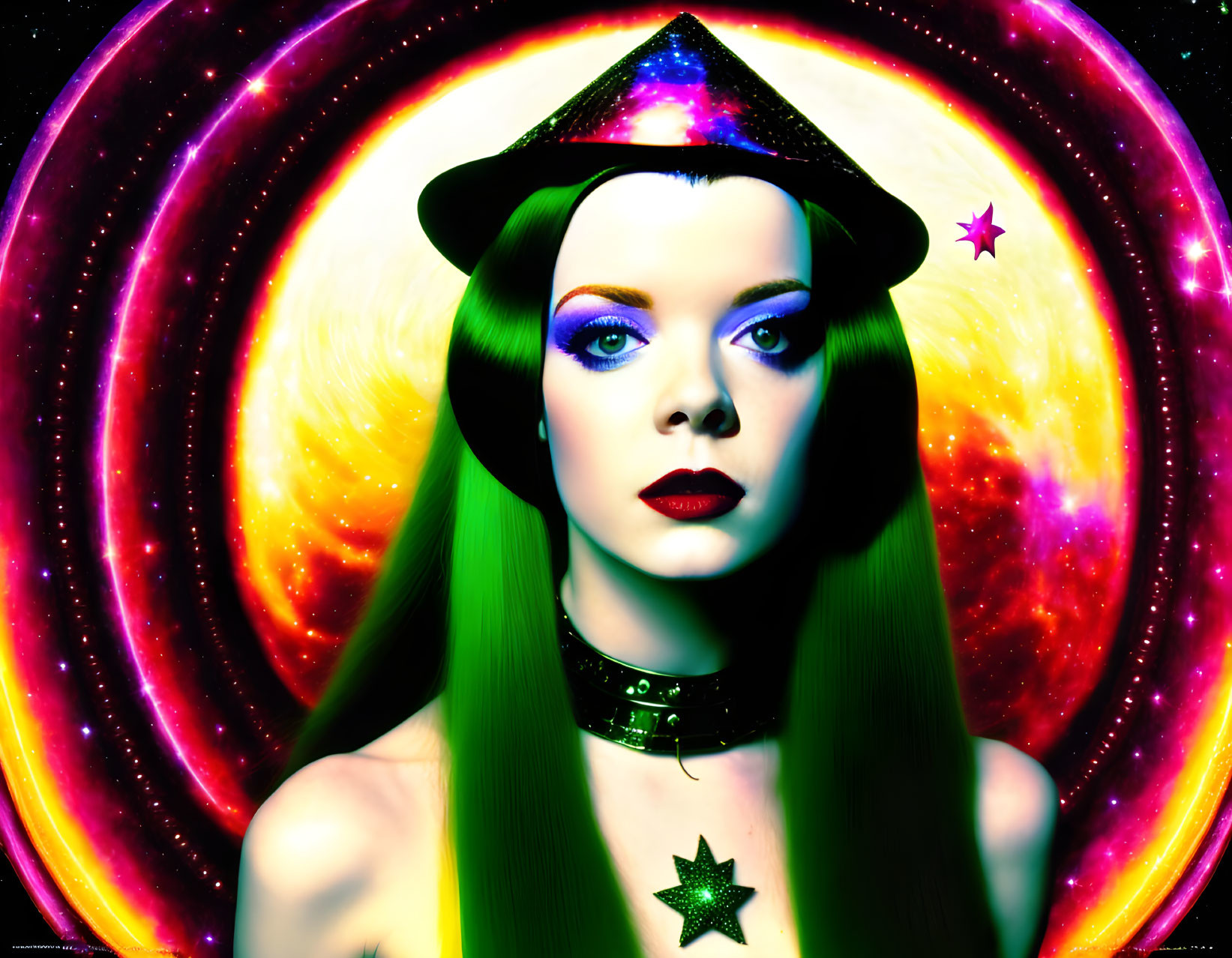 Colorful Portrait of Woman with Green Hair and Witch Hat on Cosmic Background