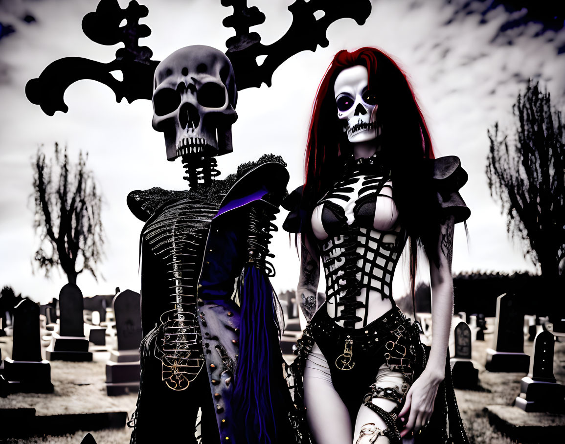 Two individuals in skeletal costumes pose in cemetery with tombstones and bare trees.